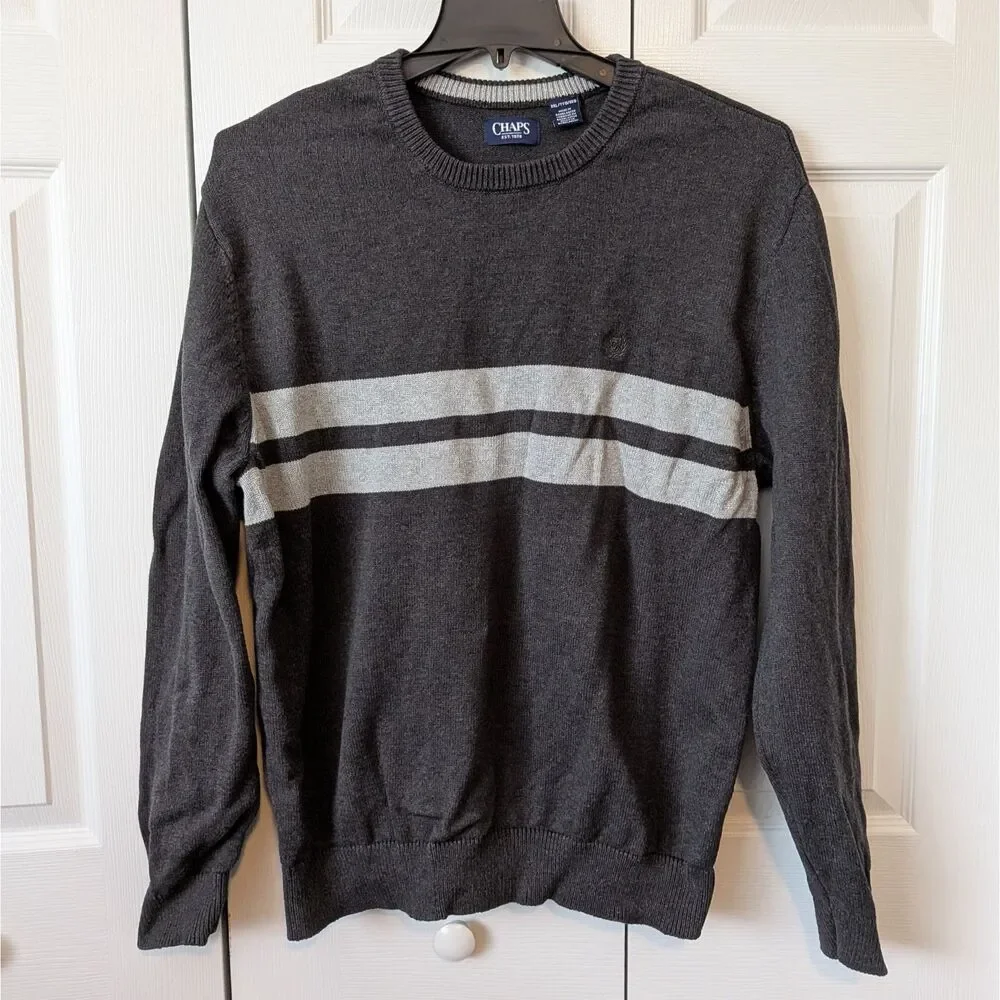 Chaps Gray Men's Crewneck Sweater Stripe Size XXL Cotton Preppy Coastal